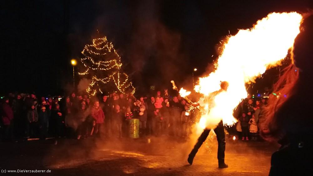 Feuershow Riesa Riesen-Flammen in der Dunkelheit